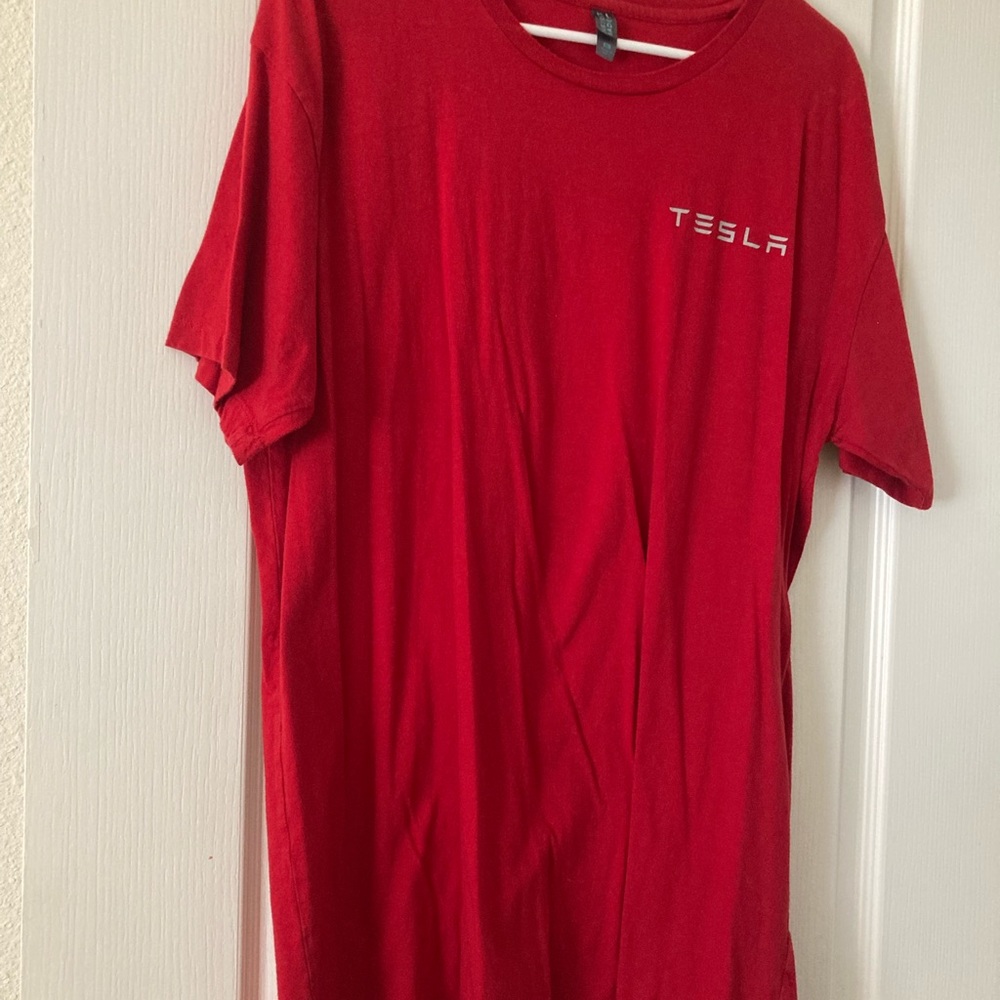 Tesla red Tesla model s employee shirt for Tesla freemot ca factory.